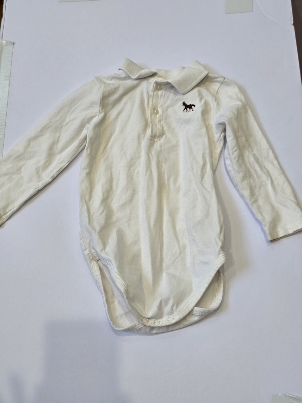 White Long-Sleeve Polo Bodysuit with Horse Embroidery